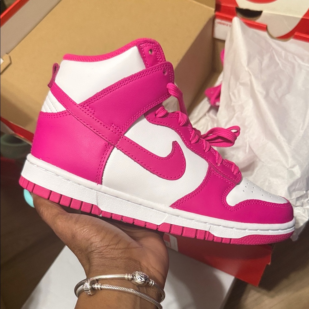 Women’s Fuchsia and White High-Too Nike Dunks